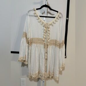 Ivory Crochet-Trim Tassel Tunic Top
